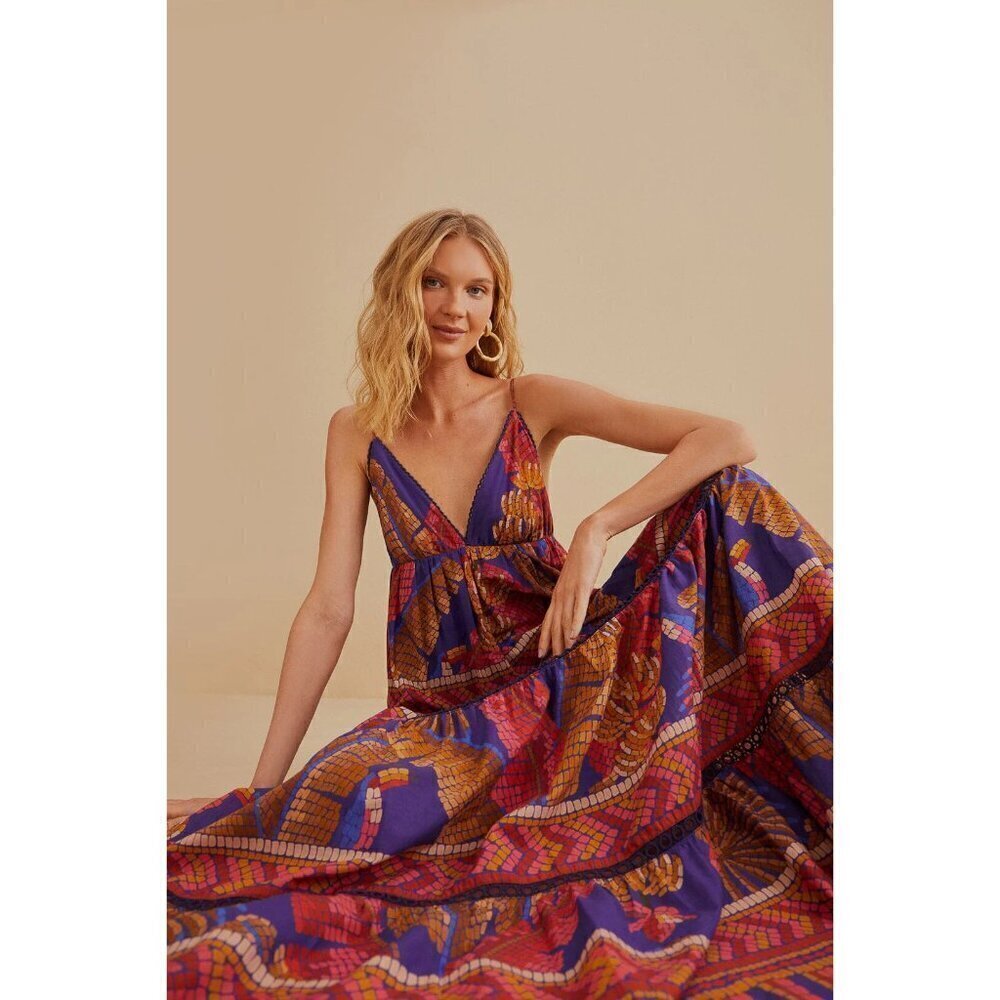 💕FARM RIO💕 Blue Forest Mosaic Sleeveless Maxi Dress ~ Large NWT